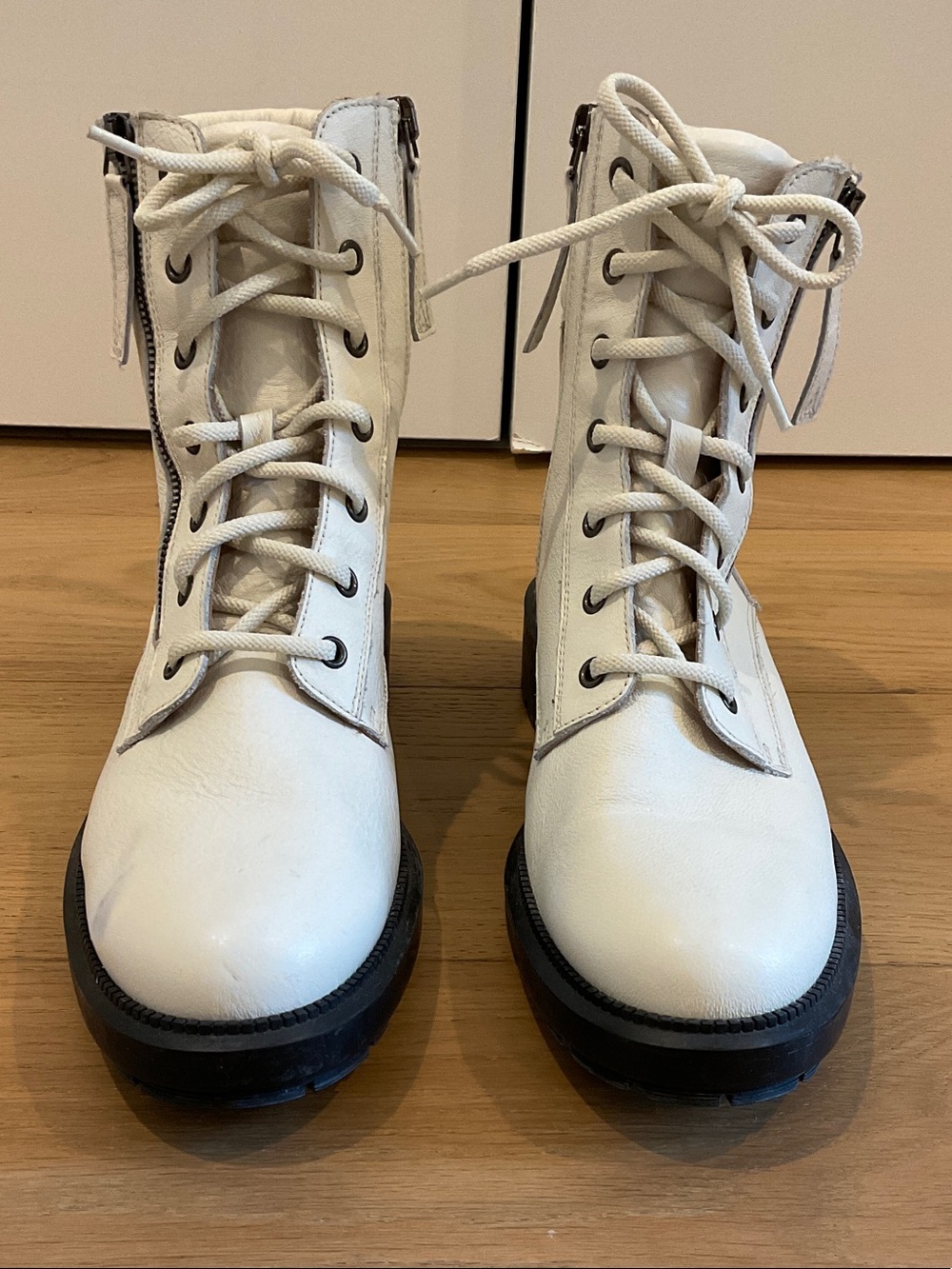 Aquatalia White Lace-Up Combat Boots with Black Sole